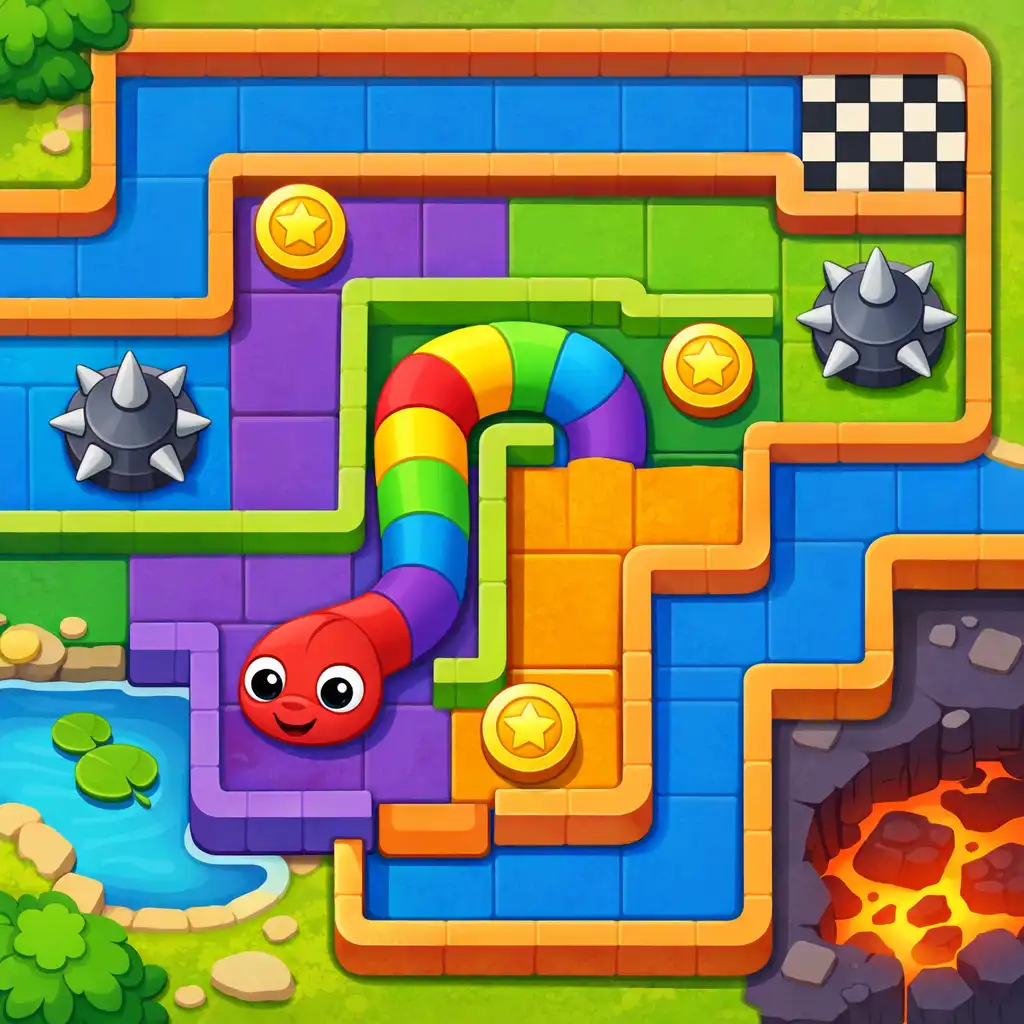 Screenshot z mobilní hry Snake Puzzle - Maze Escape s hadem procházejícím barevným bludištěm