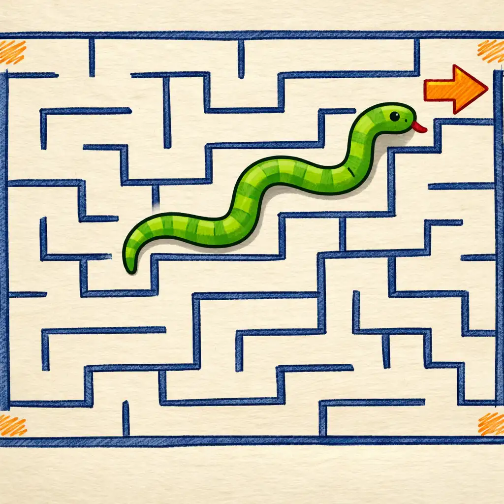 Screenshot ze hry Snake Puzzle - Maze Escape ukazující hada v bludišti