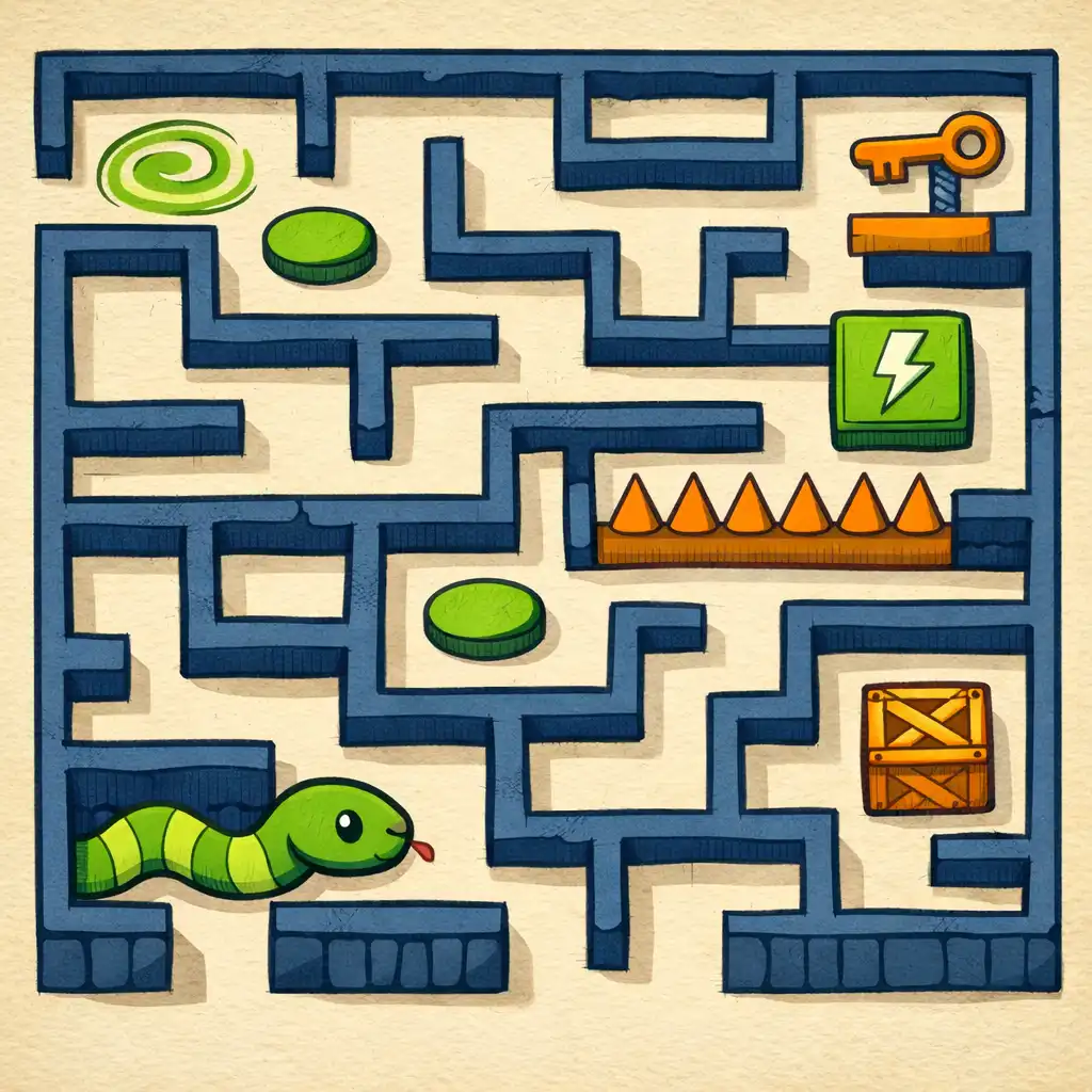 Složitější úroveň hry Snake Puzzle - Maze Escape s více cestami a překážkami