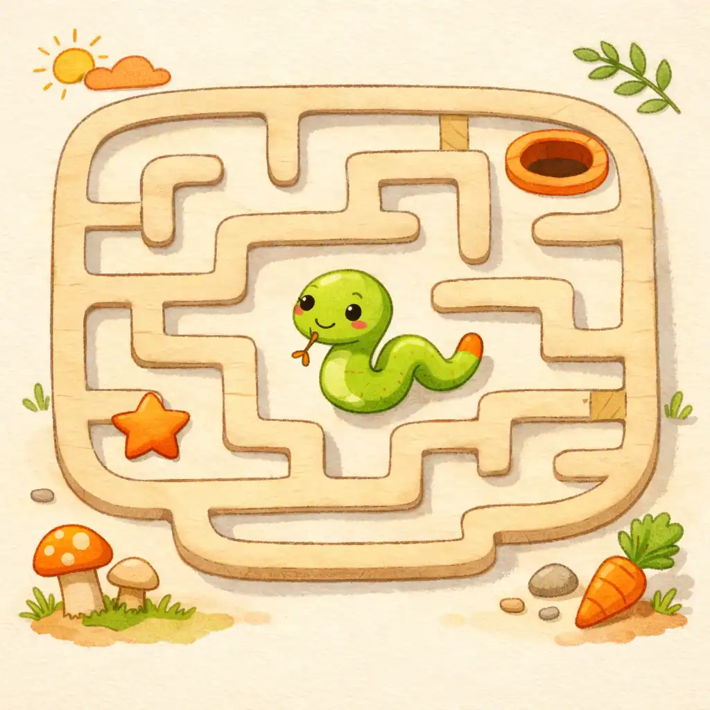 Vizuální styl hry Snake Puzzle - Maze Escape s ručně kresleným bludištěm a pastelovými barvami